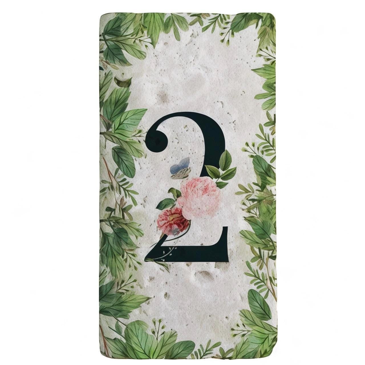 Elegant Travertine Stone House Numbers: Floral Address Sign (7.5x15 cm)