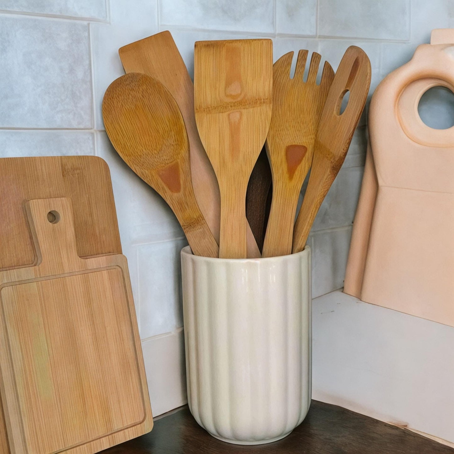 Hand-Painted Ceramic Utensil Holder: Rustic Floral Kitchen Decor