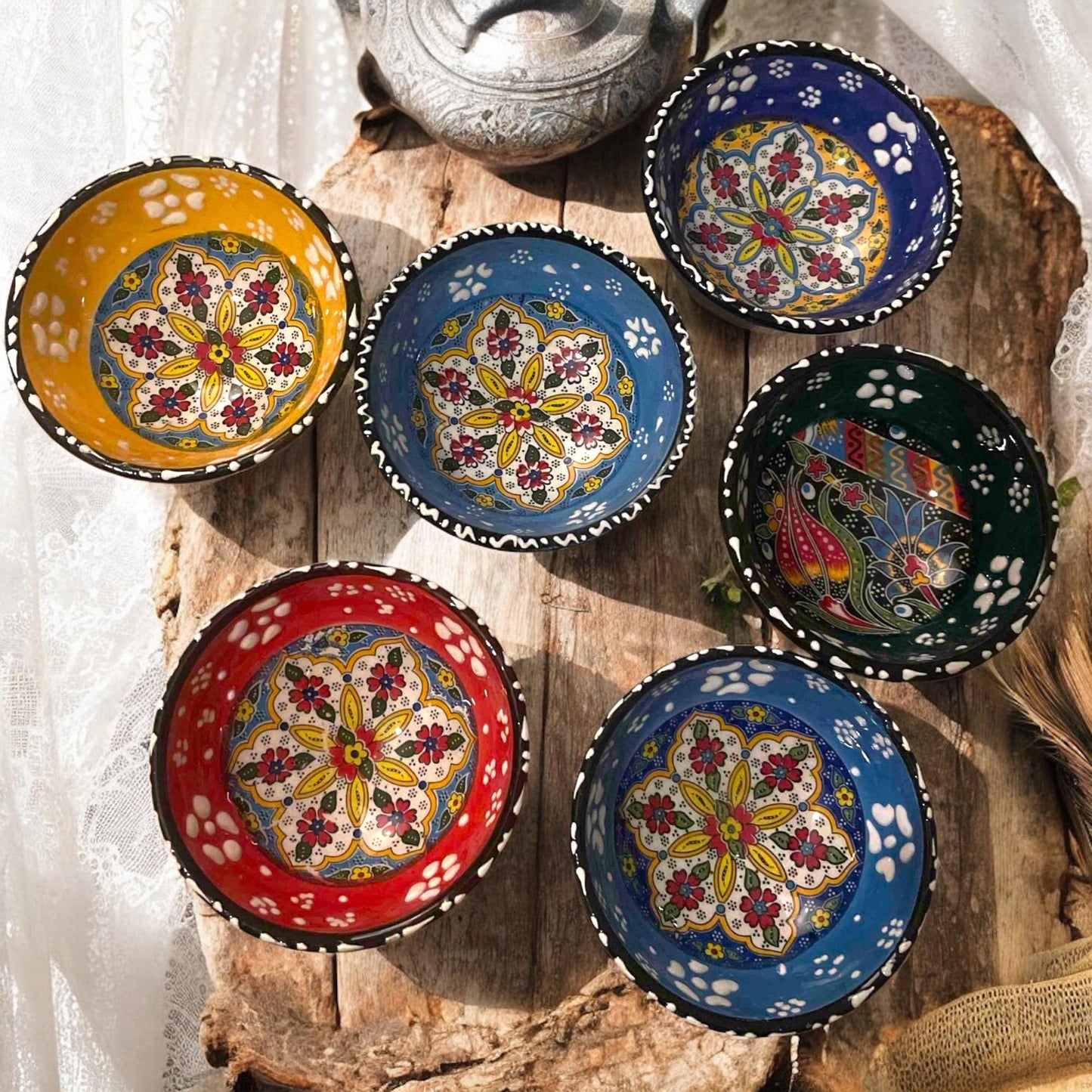 Ceramic Bowls Set - 6 Mini Mezze Dip Dishes, Decorative Appetizer Servingware, Tapas Bowls