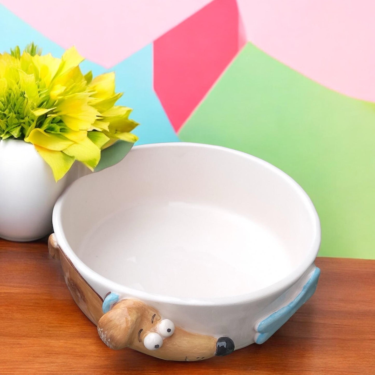 Handmade Ceramic Dog Bowl – Cute Puppy Design – 14 cm Pet Feeding Dish – Custom Dog Food Bowl for Small Pets