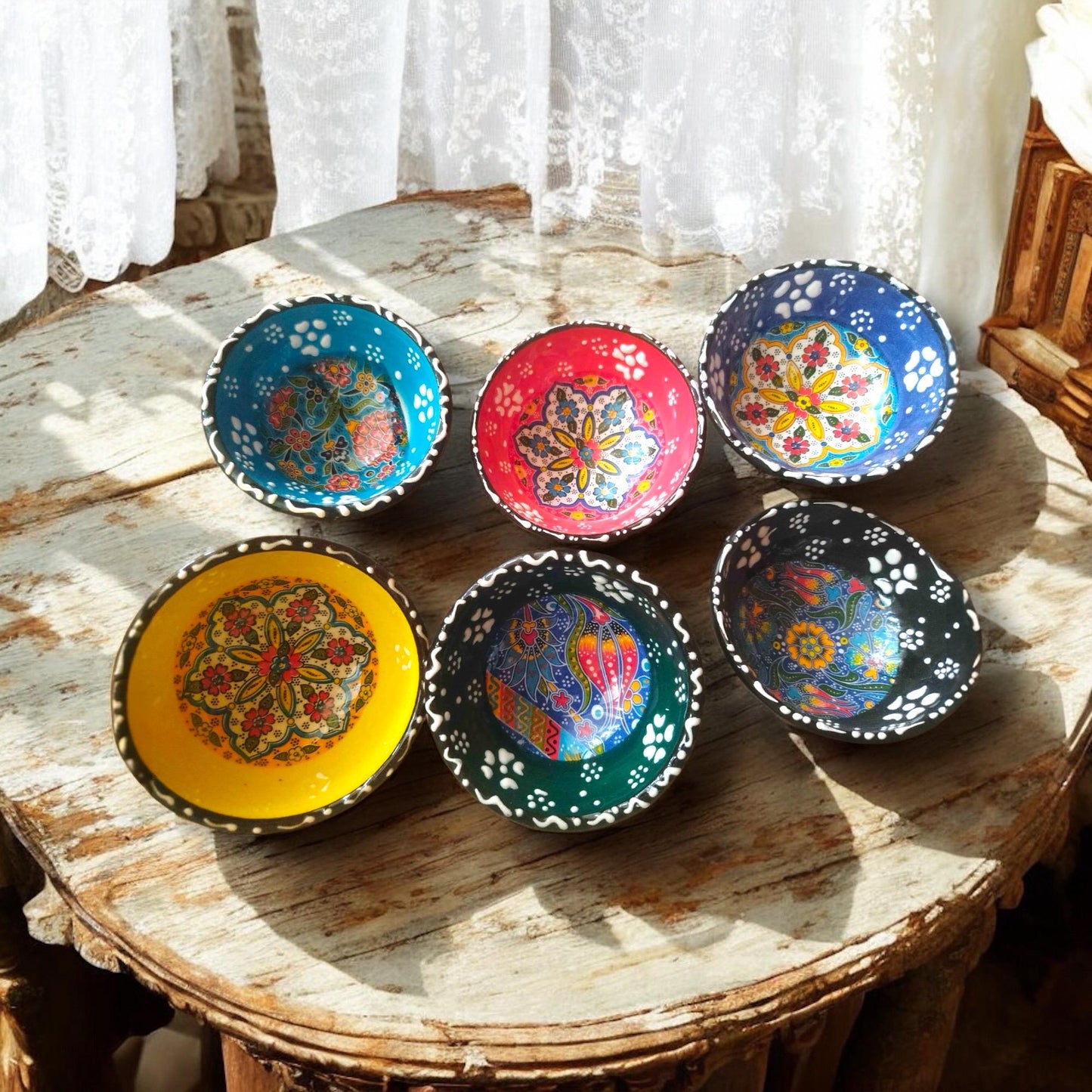 Ceramic Bowls Set - 6 Mini Mezze Dip Dishes, Decorative Appetizer Servingware, Tapas Bowls