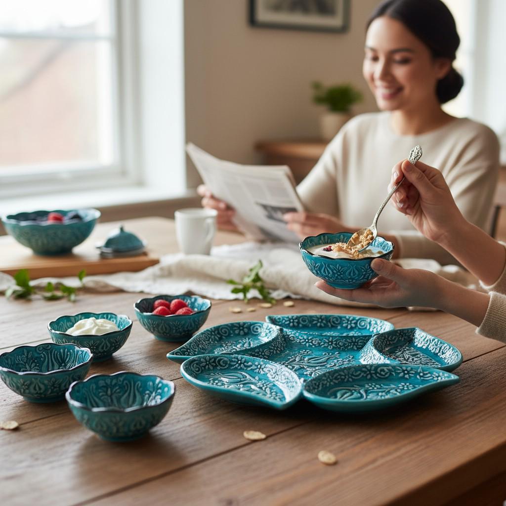 Handmade Turkish Ceramic Serving Set – 6-Section Divided Tray + 6 Mini Bowls – Turquoise Ottoman Floral Gift for Home & Kitchen