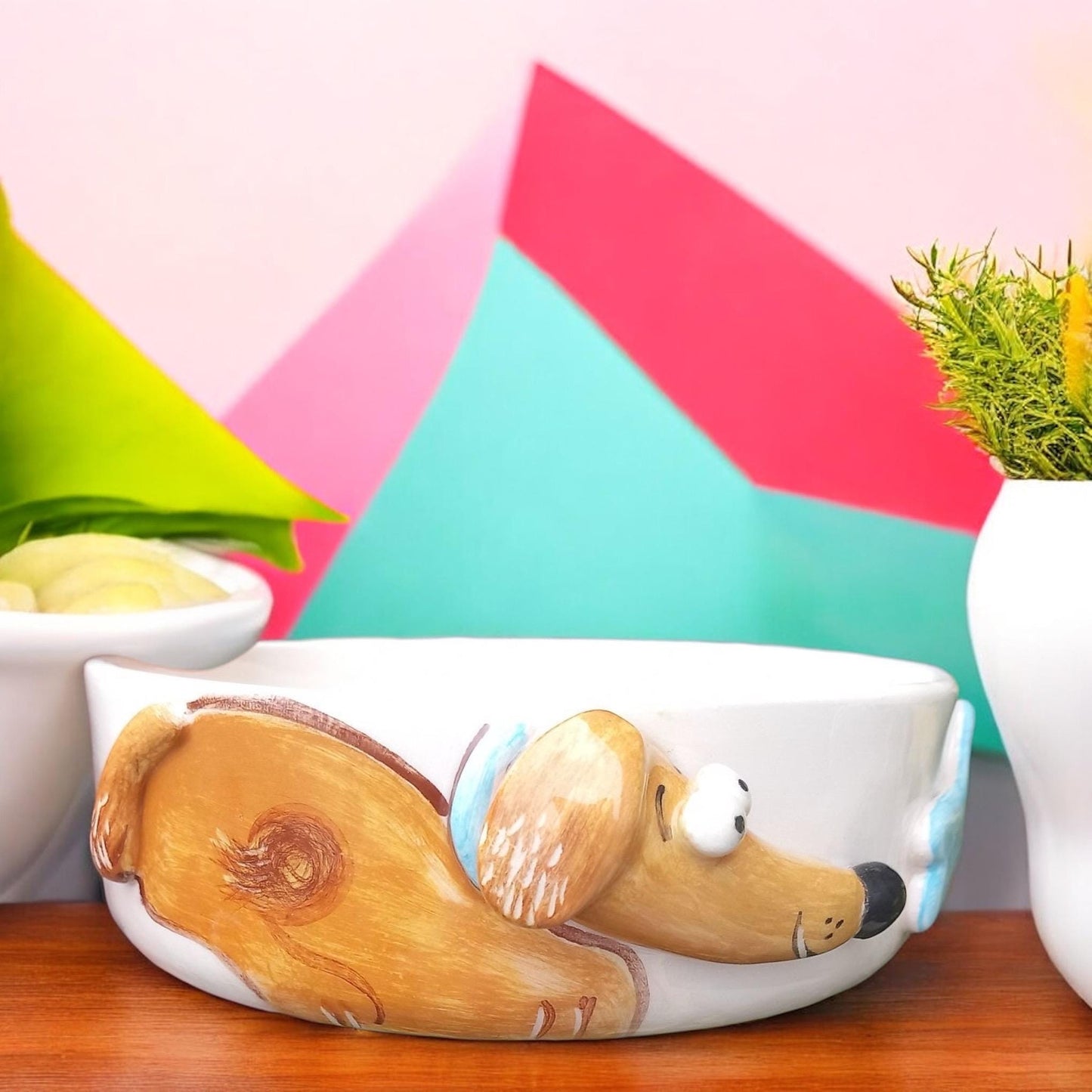 Handmade Ceramic Dog Bowl – Cute Puppy Design – 14 cm Pet Feeding Dish – Custom Dog Food Bowl for Small Pets