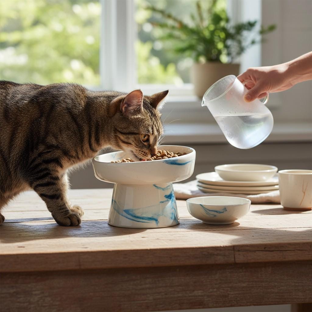 Elevated Blue Ceramic Cat Bowl – Ergonomic Raised Pet Feeder, Handmade Stylish Dish for Cats & Small Dogs