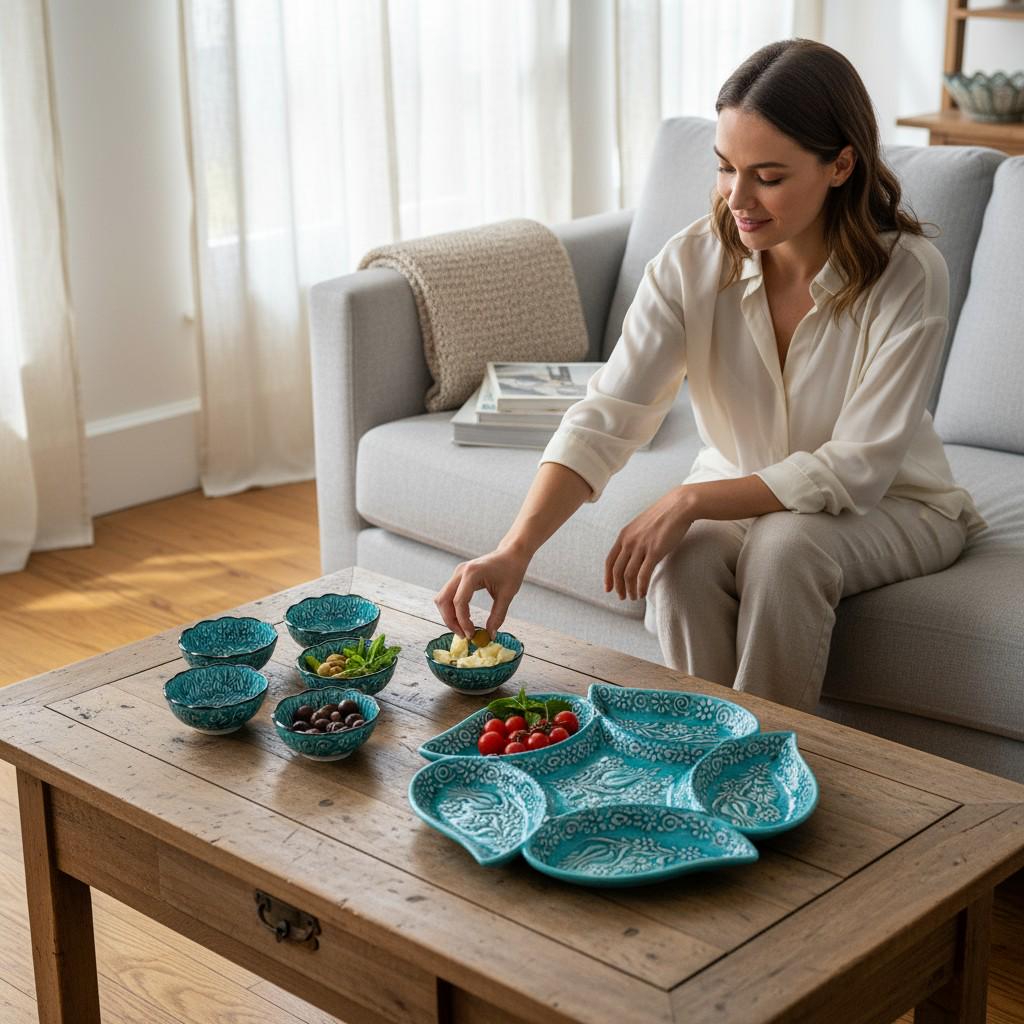 Handmade Turkish Ceramic Serving Set – 6-Section Divided Tray + 6 Mini Bowls – Turquoise Ottoman Floral Gift for Home & Kitchen