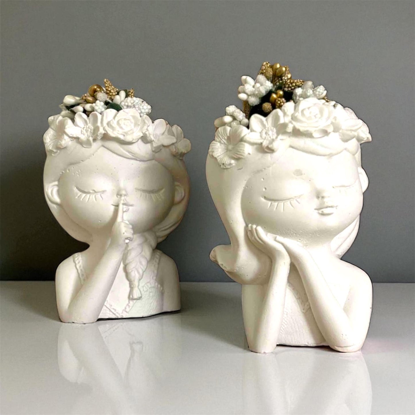 Minimalist Flower Crown Girl Figurine Set – 11 cm Decorative Sculpture Duo, Romantic Resin Home Decor