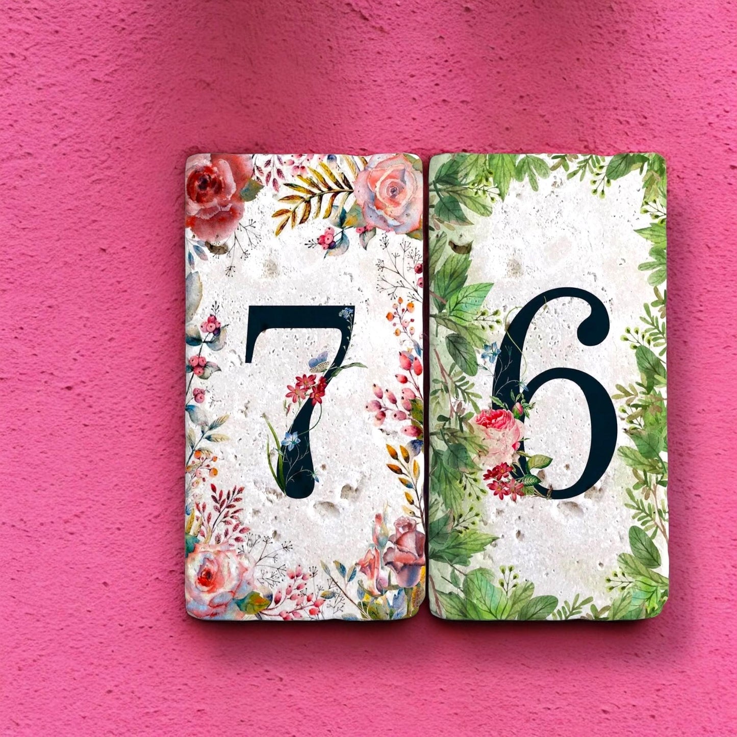 Elegant Travertine Stone House Numbers: Floral Address Sign (7.5x15 cm)
