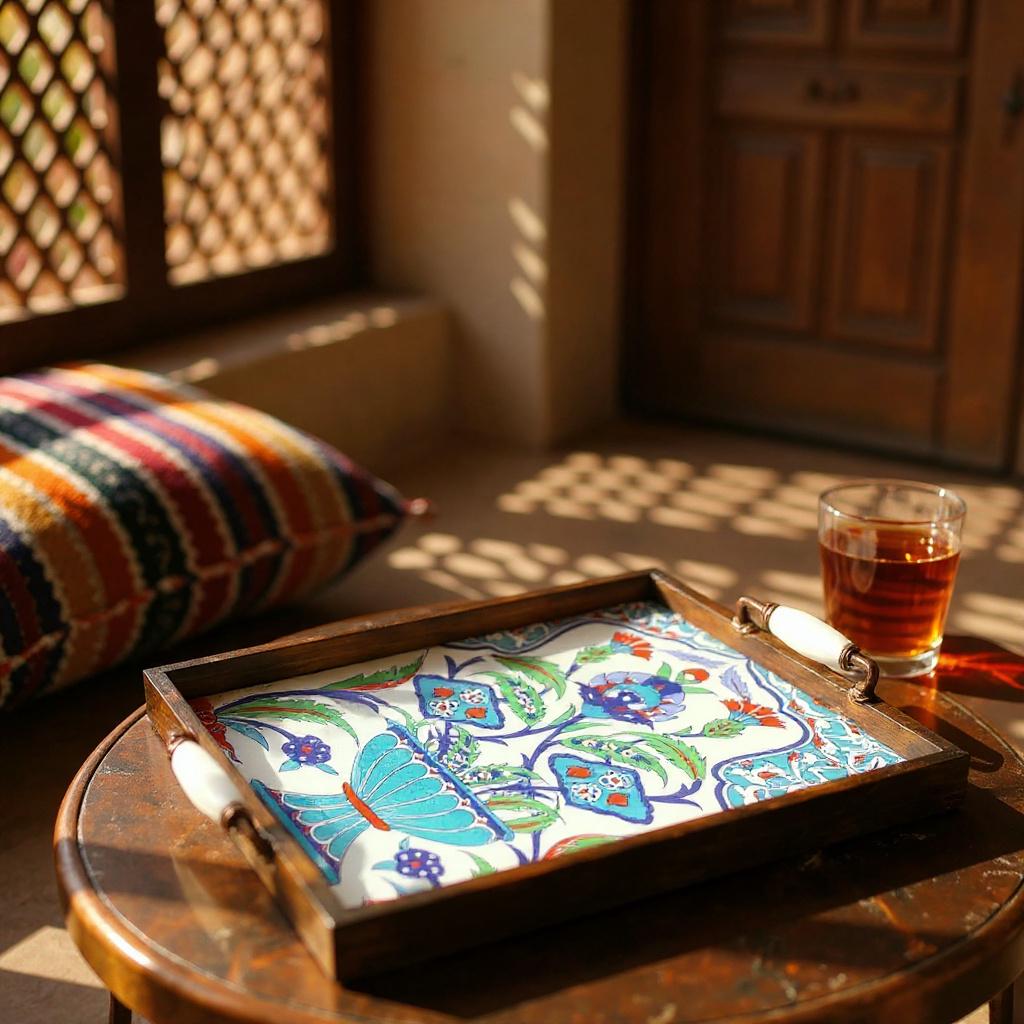 Handmade Wooden Serving Tray: Iznik Ceramic Tile, Ottoman Decor