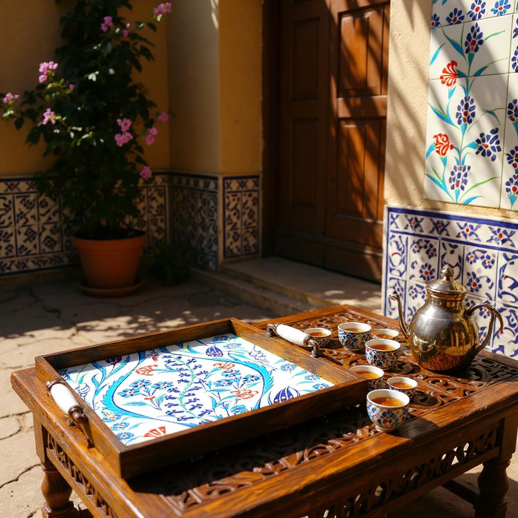 Handmade Wooden Serving Tray: Iznik Ceramic Tile, Ottoman Decor