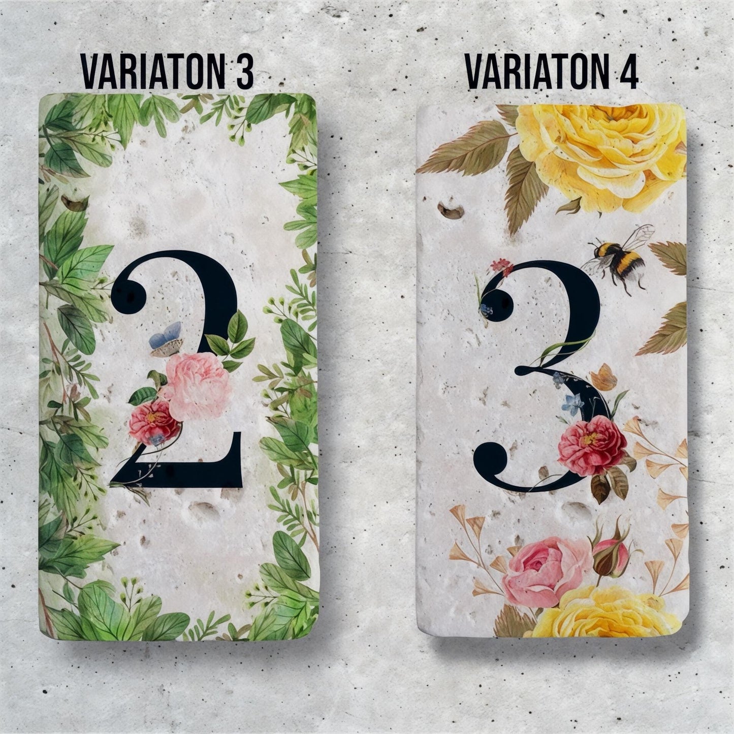 Elegant Travertine Stone House Numbers: Floral Address Sign (7.5x15 cm)