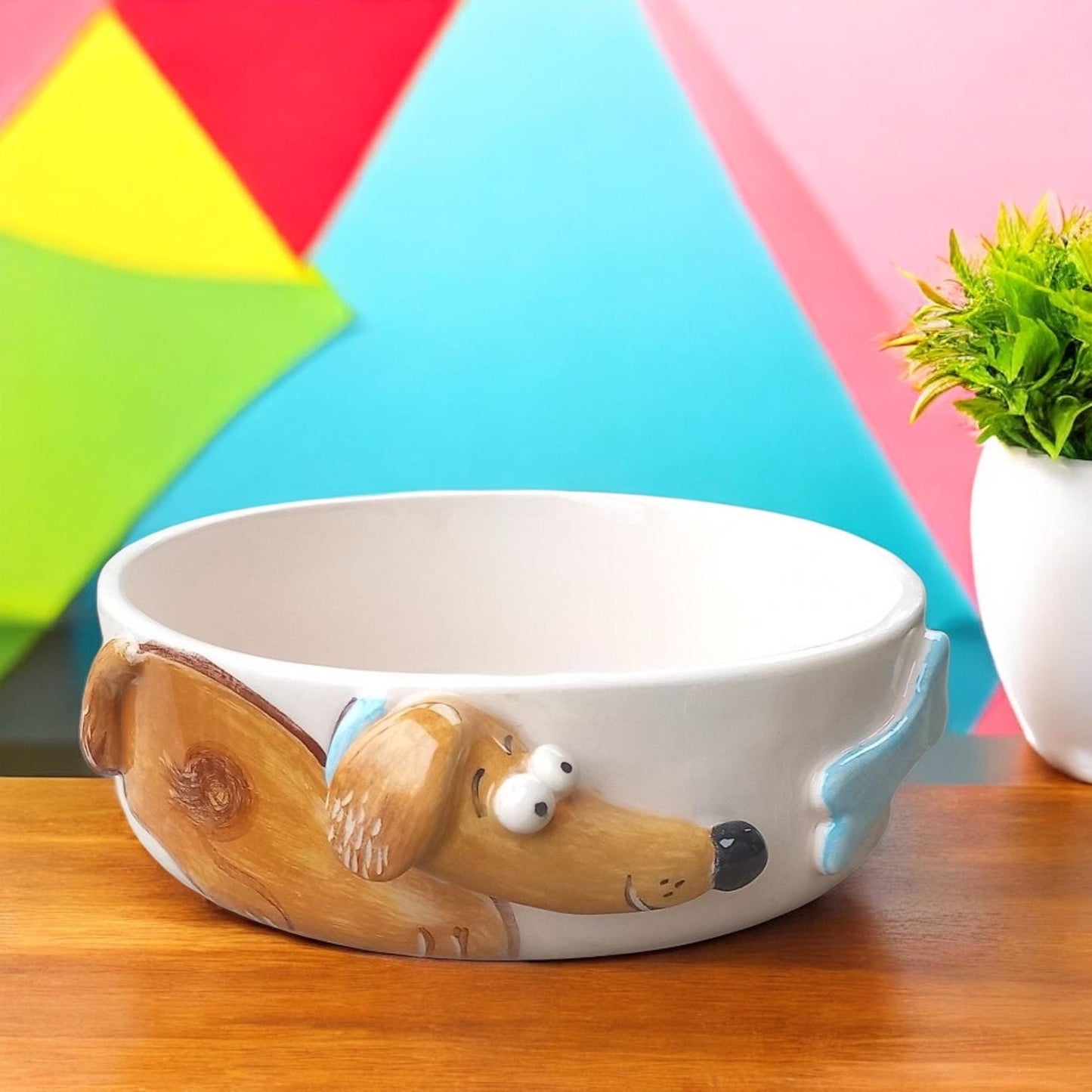 Handmade Ceramic Dog Bowl – Cute Puppy Design – 14 cm Pet Feeding Dish – Custom Dog Food Bowl for Small Pets