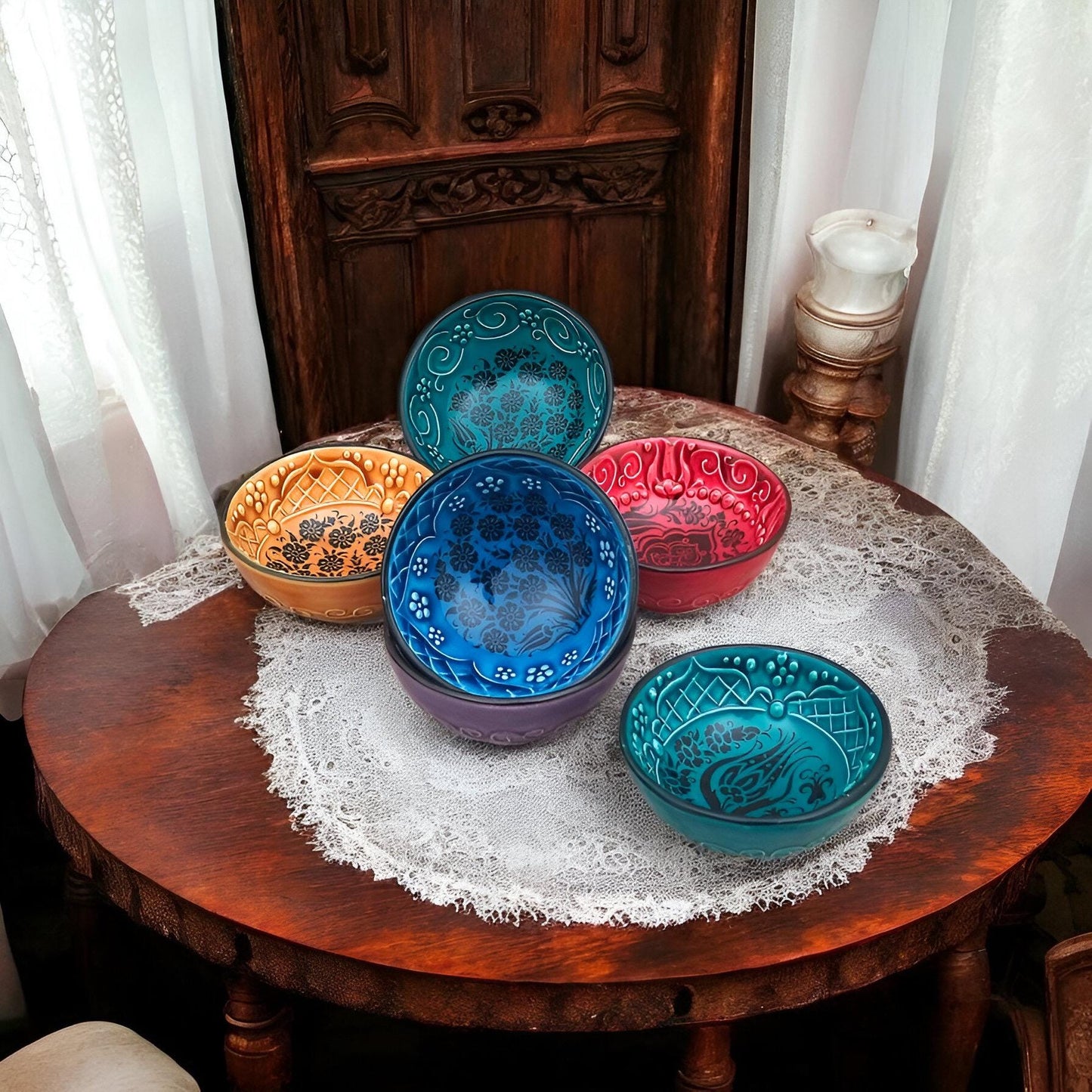Handmade Turkish Ceramic Bowl Set: Anatolian Mezze, Sauce, Nut Dish