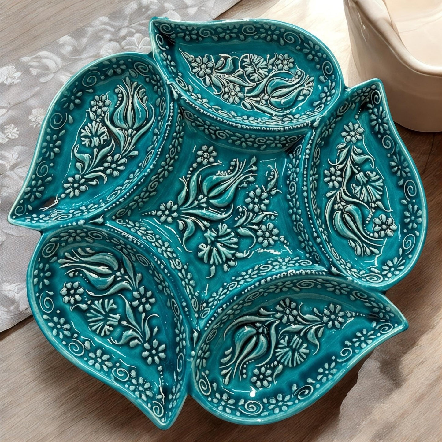 Multi Compartment Turkish Ceramic Bowl, Appetizer Tray, Tapas & Snack Dish, Decorative Nuts Plate, Keys or Candy Holder