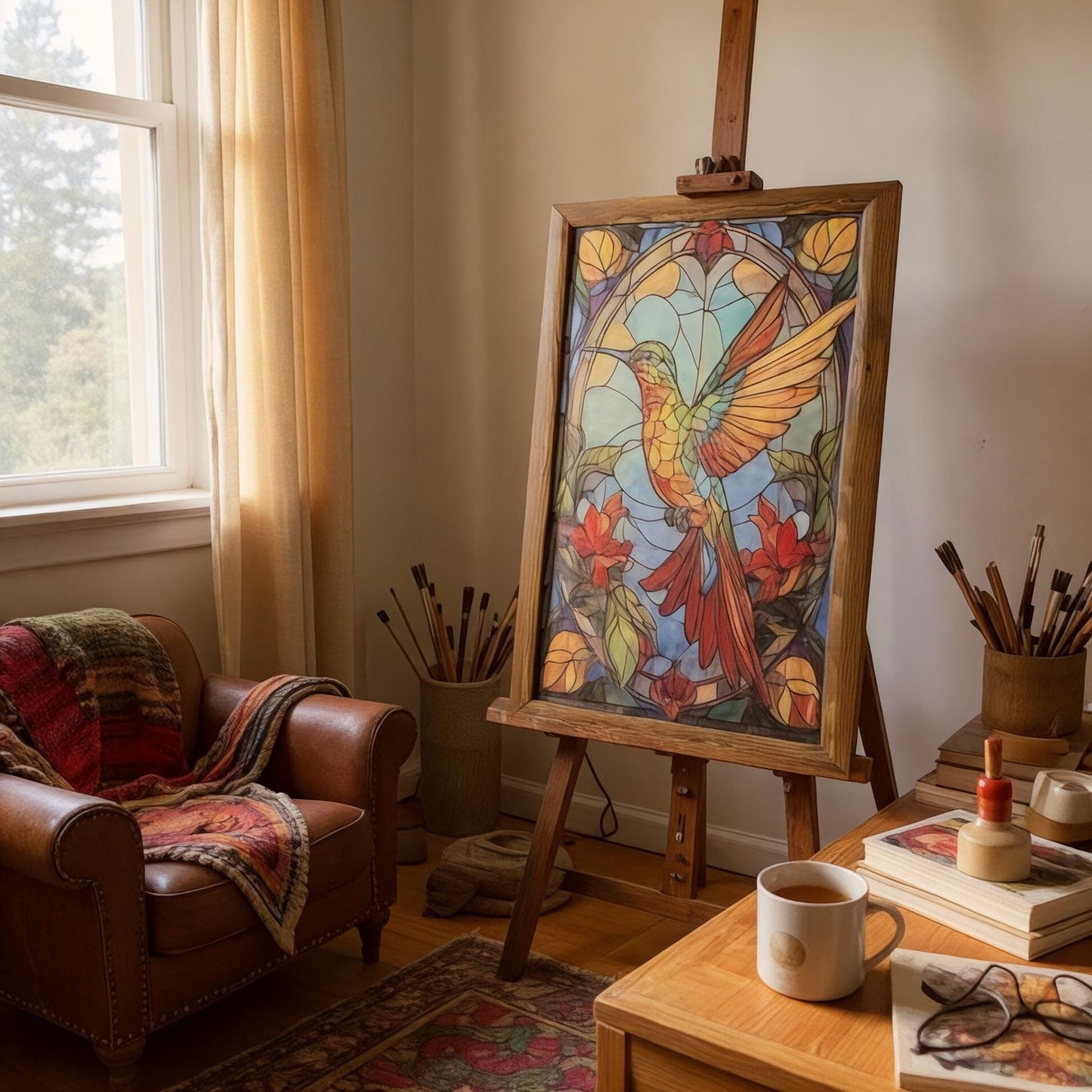 Hand-Painted Ceramic Hummingbird Wall Art: Stained Glass Style, Wood Frame