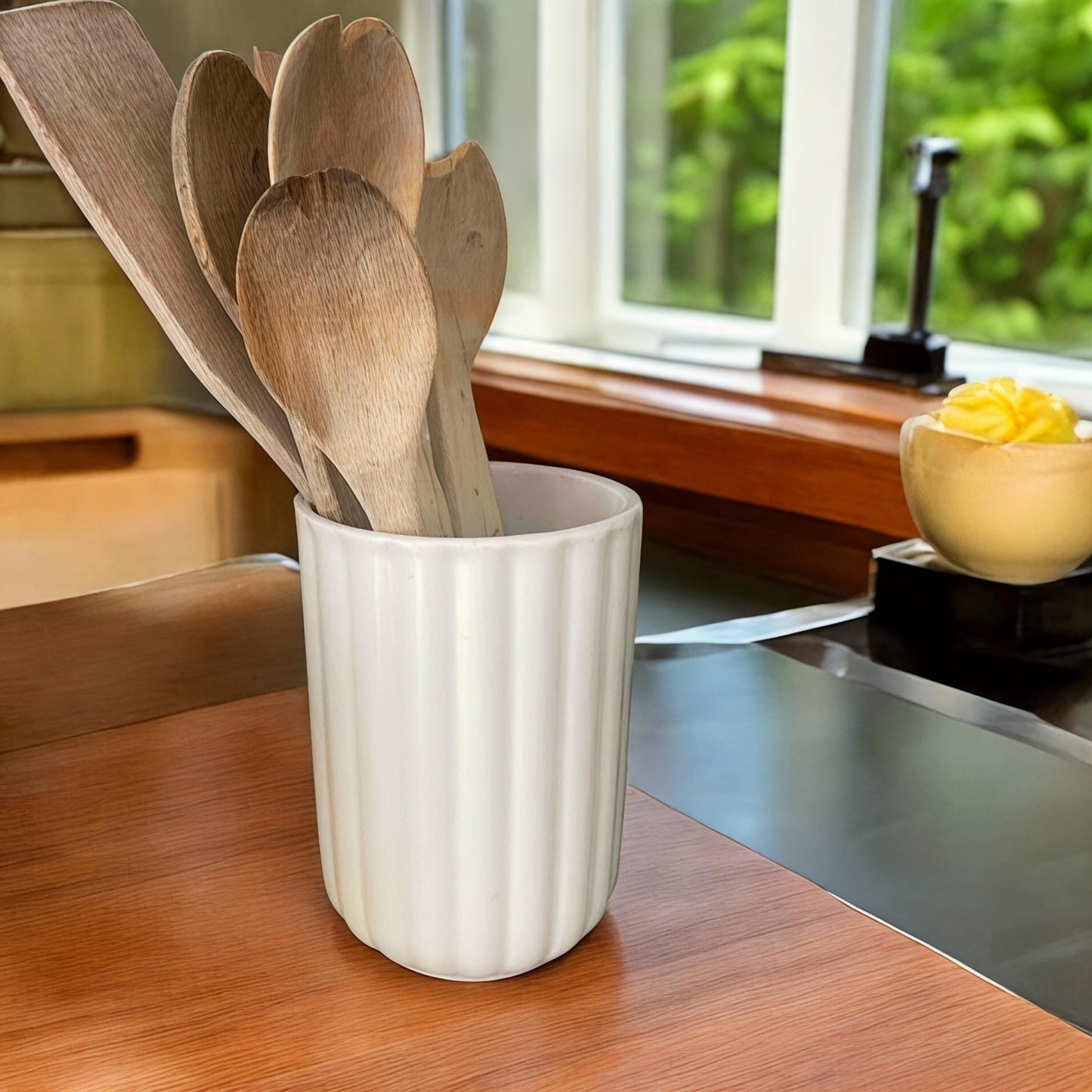 Hand-Painted Ceramic Utensil Holder: Rustic Floral Kitchen Decor