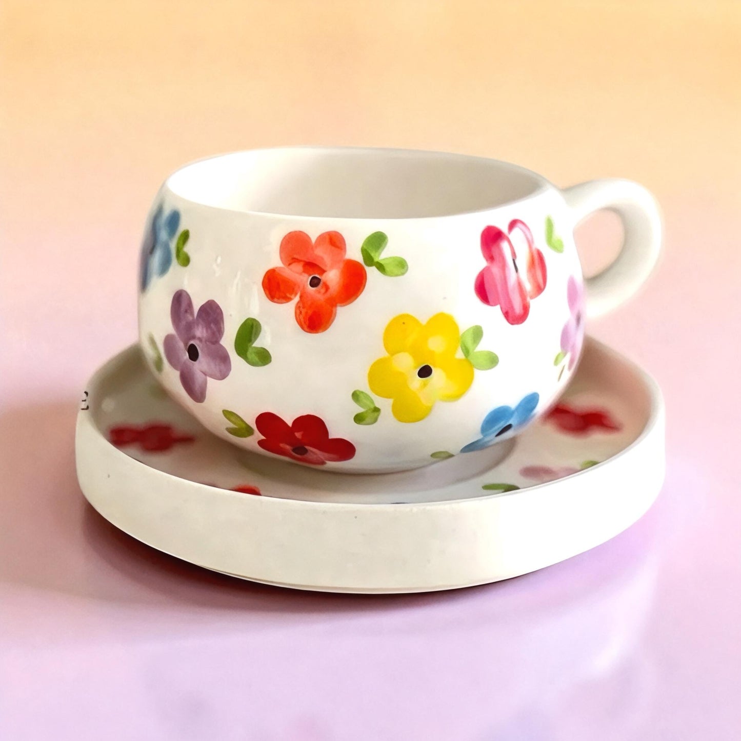 Handmade Ceramic Floral Cup and Saucer Set: Boho Tea & Coffee Mug