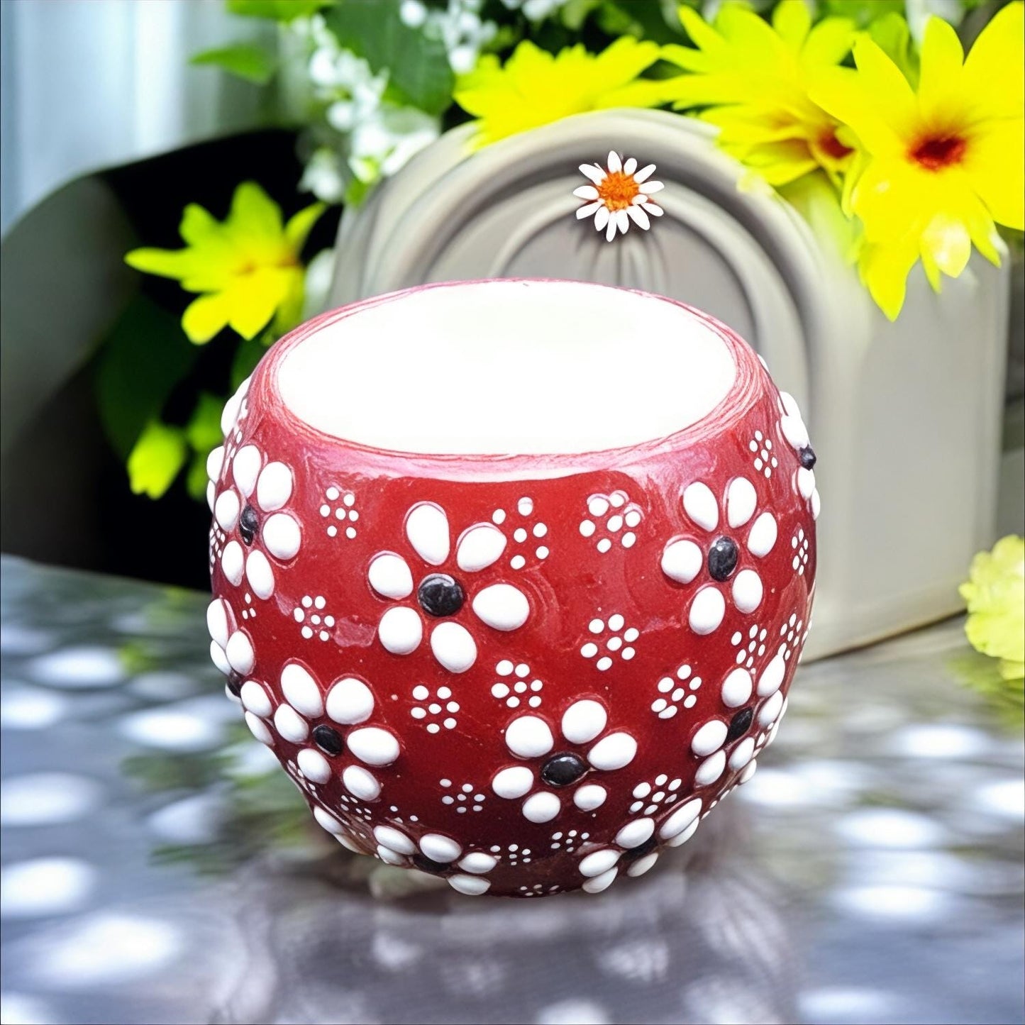 Hand-Painted Mini Succulent & Cactus Pot - Daisy Flower Design Planter