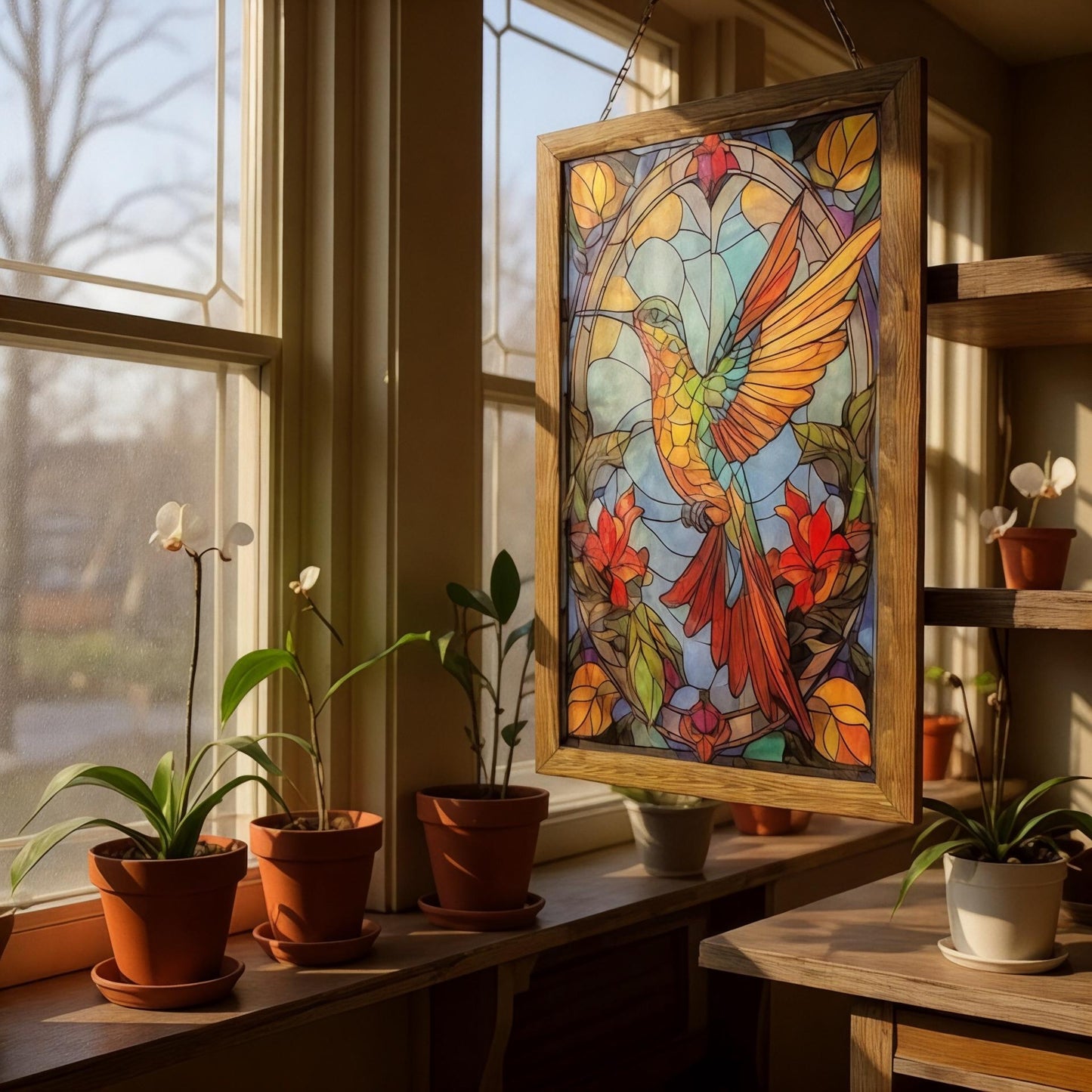 Hand-Painted Ceramic Hummingbird Wall Art: Stained Glass Style, Wood Frame