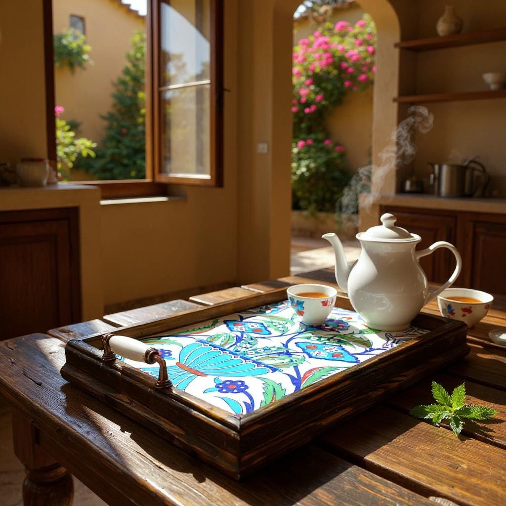 Handmade Wooden Serving Tray: Iznik Ceramic Tile, Ottoman Decor