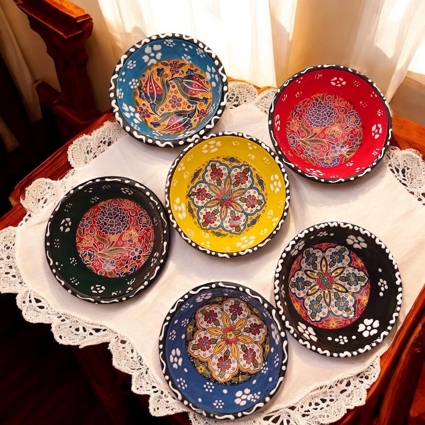 Ceramic Bowls Set - 6 Mini Mezze Dip Dishes, Decorative Appetizer Servingware, Tapas Bowls