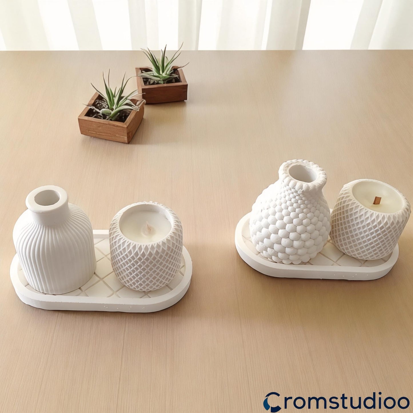 Textured Stone Powder Vase & Candle Holder Set - Modern Home Decor