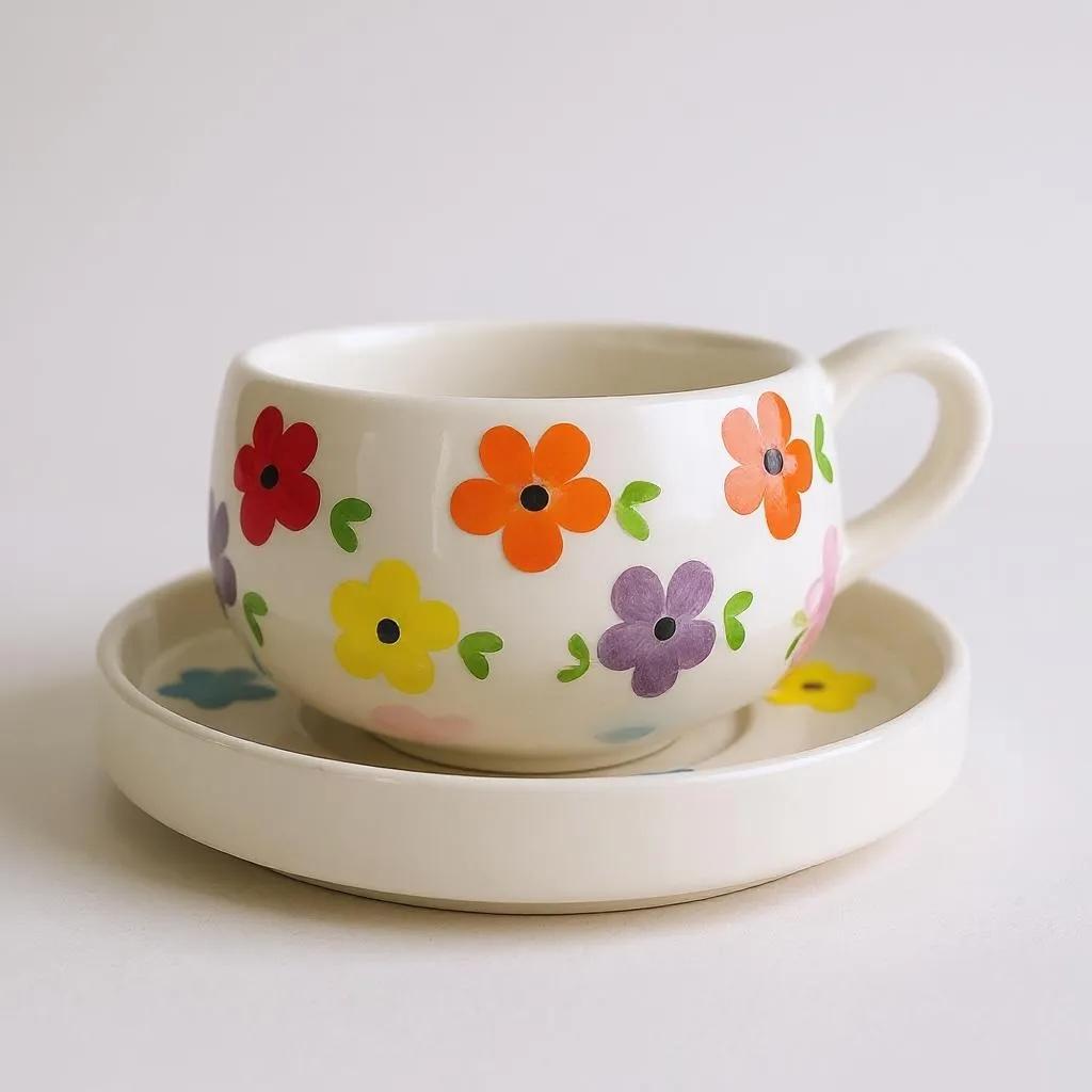 Handmade Ceramic Floral Cup and Saucer Set: Boho Tea & Coffee Mug