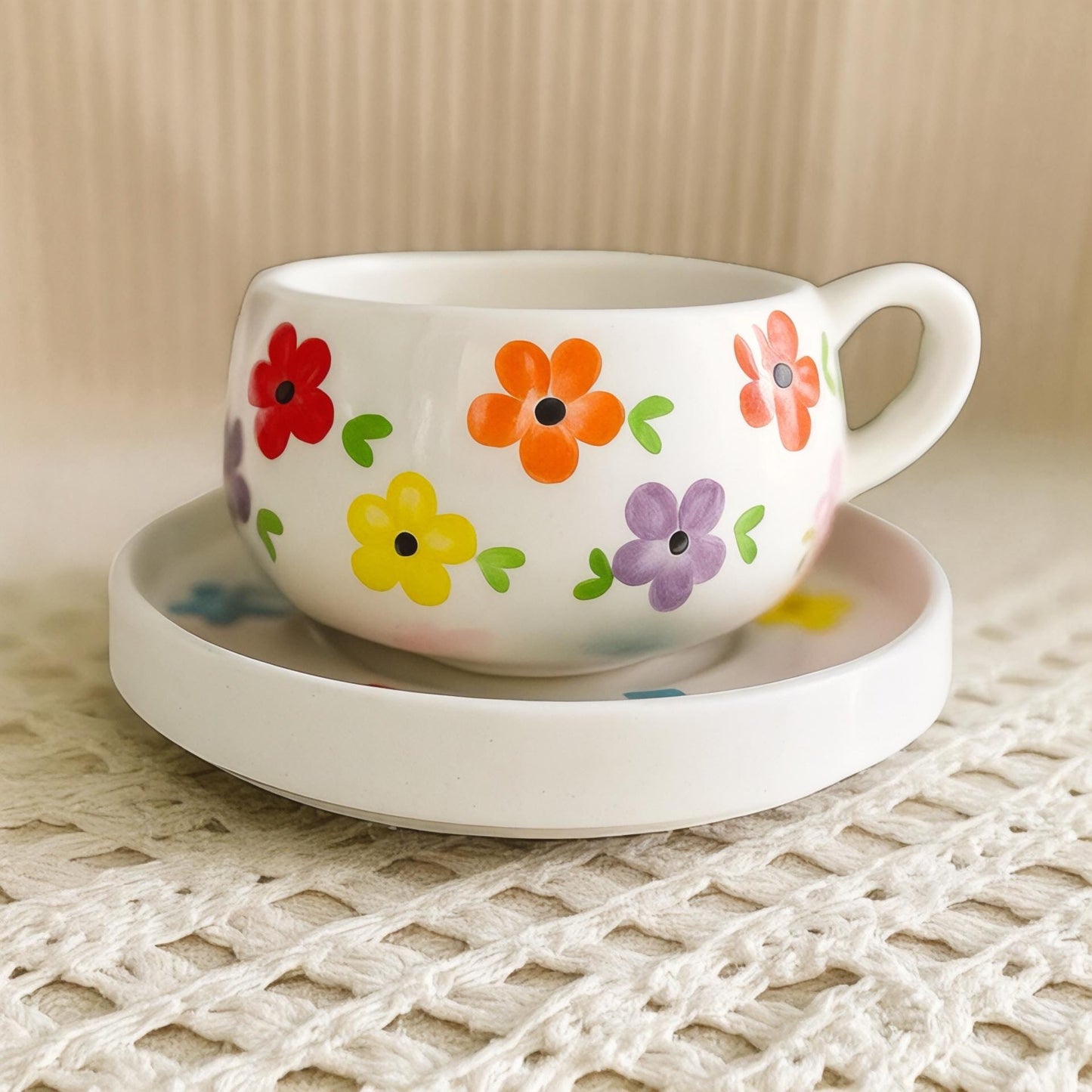 Handmade Ceramic Floral Cup and Saucer Set: Boho Tea & Coffee Mug