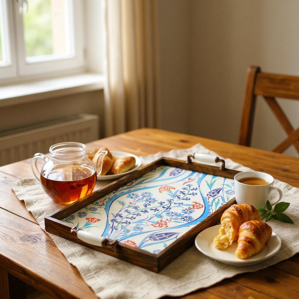 Handmade Wooden Serving Tray: Iznik Ceramic Tile, Ottoman Decor