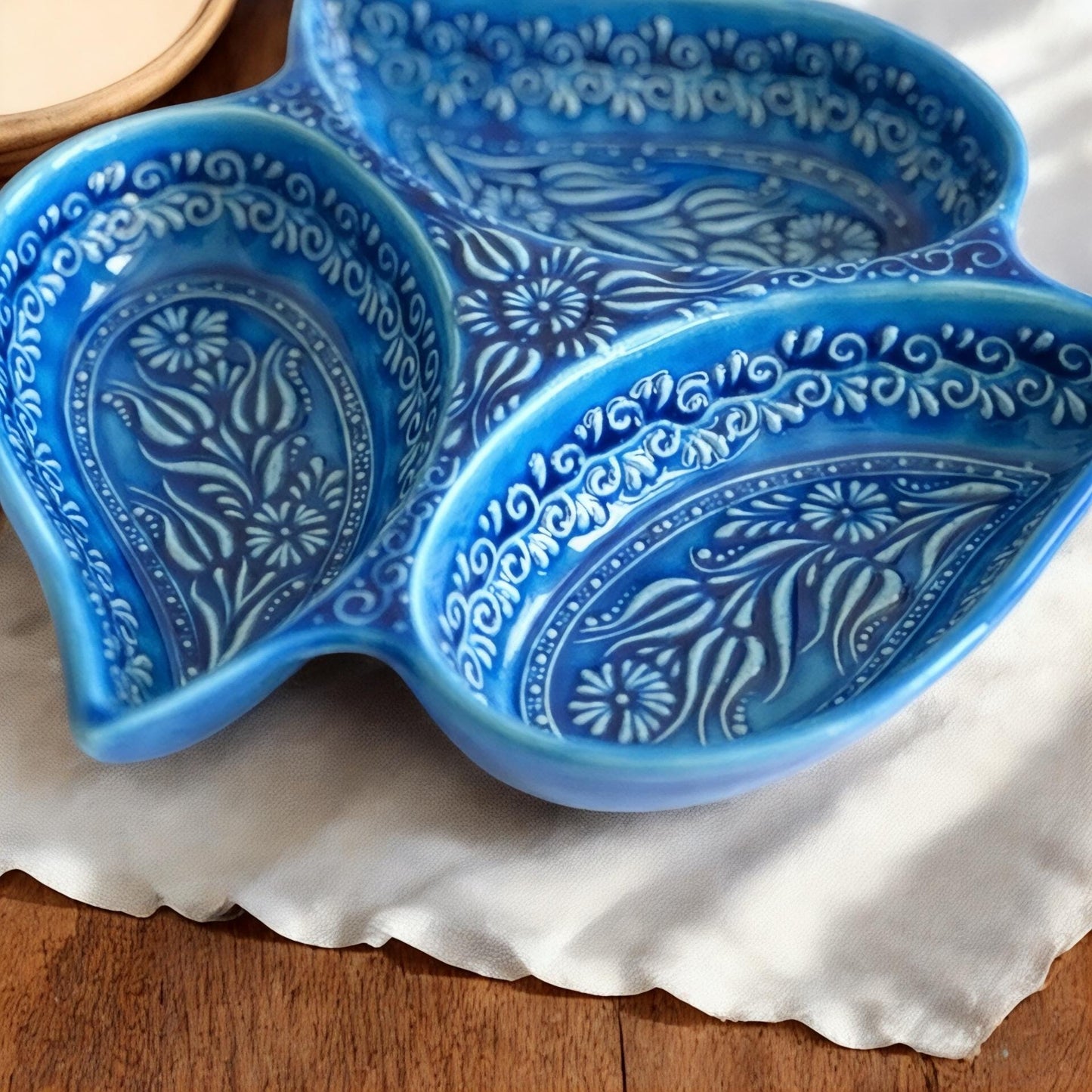 Multi Compartment Turkish Ceramic Bowl, Appetizer Tray, Tapas & Snack Dish, Decorative Nuts Plate, Keys or Candy Holder