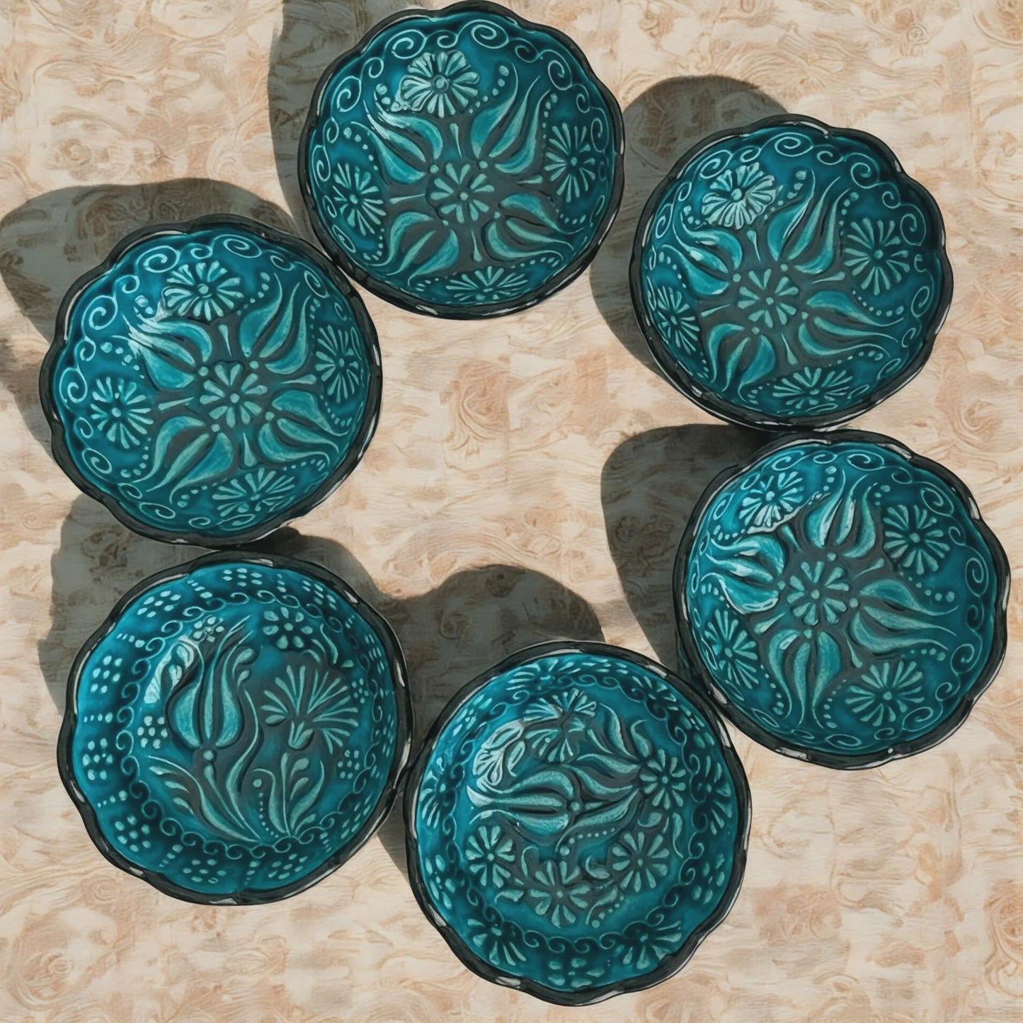 Handmade Turkish Ceramic Serving Set – 6-Section Divided Tray + 6 Mini Bowls – Turquoise Ottoman Floral Gift for Home & Kitchen