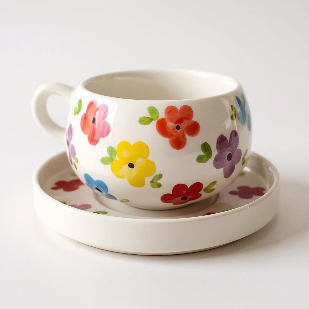 Handmade Ceramic Floral Cup and Saucer Set: Boho Tea & Coffee Mug