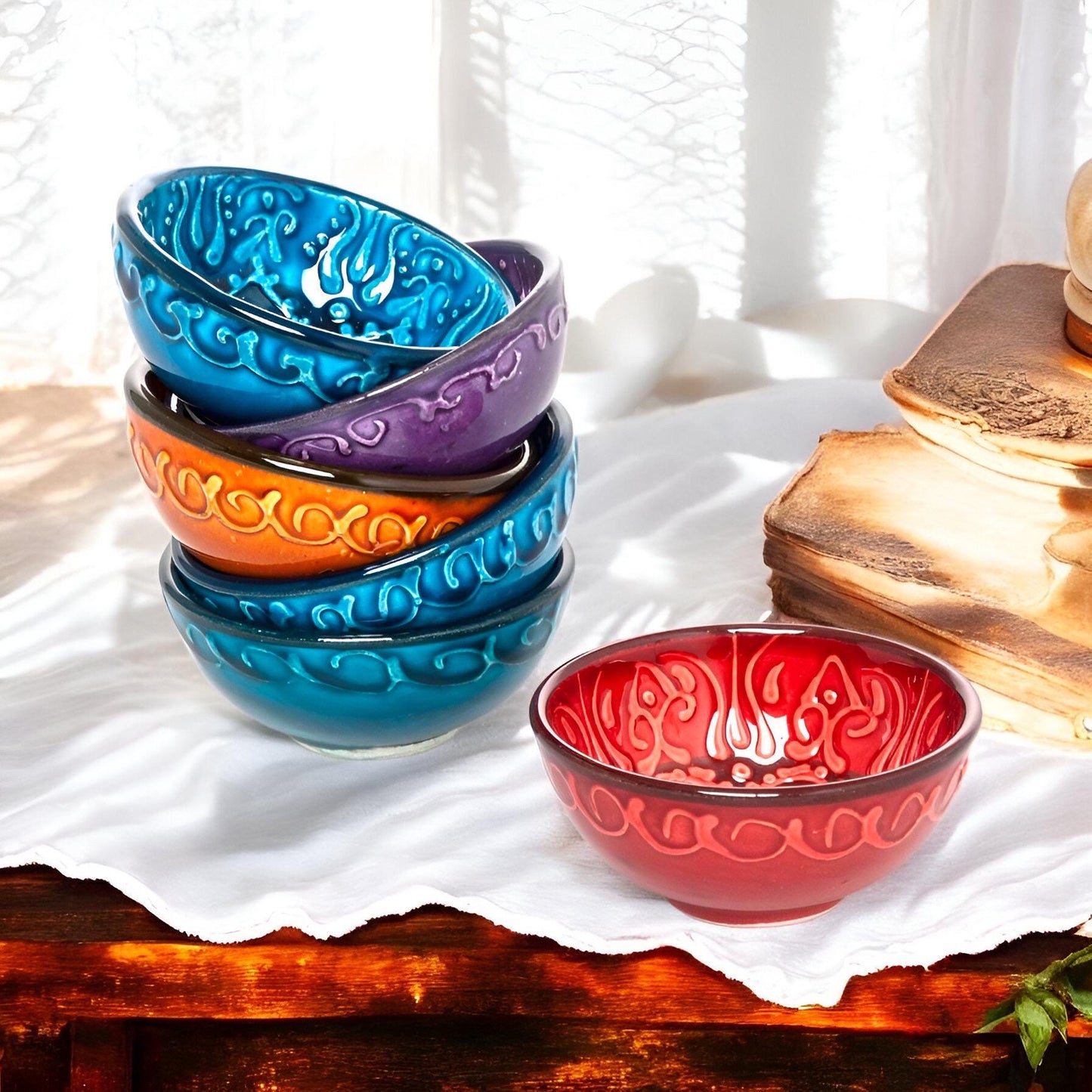 Handmade Turkish Ceramic Bowl Set: Anatolian Mezze, Sauce, Nut Dish