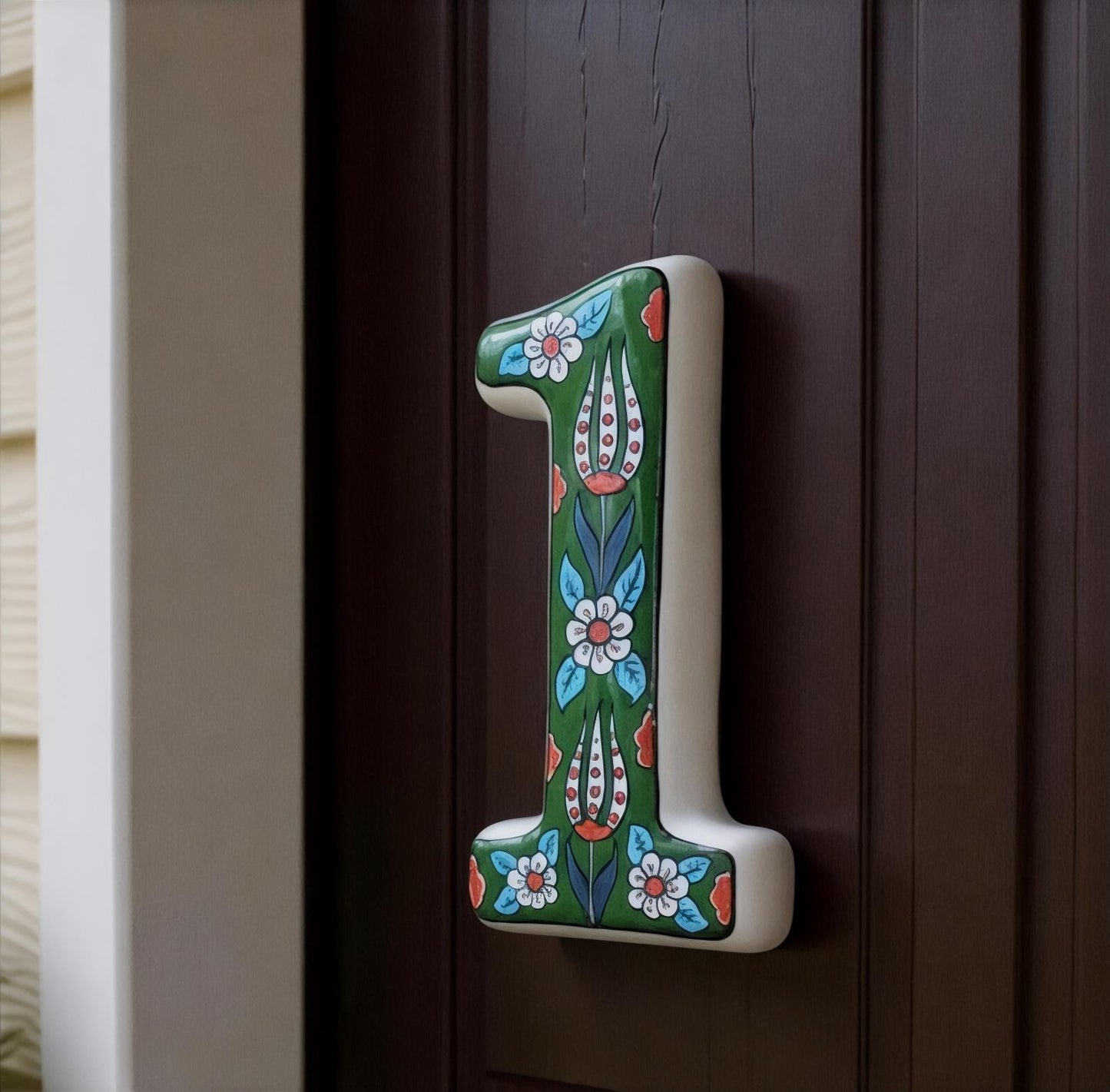 Hand-Painted Green Floral Ceramic House Number – Outdoor Address Door Sign