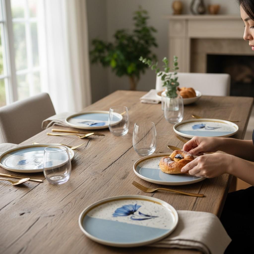 Handmade Ceramic Dessert Plates – 6 Piece Blue & White Floral Set – 8 Inch Appetizer or Salad Plates – Modern Artisan Tableware