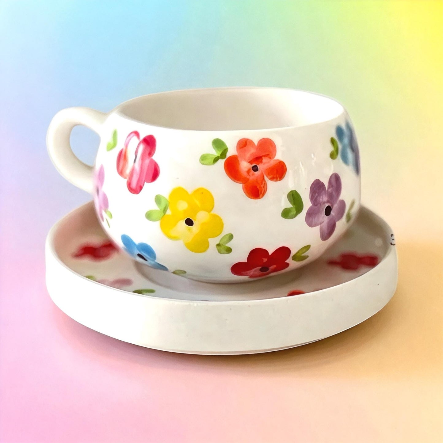 Handmade Ceramic Floral Cup and Saucer Set: Boho Tea & Coffee Mug