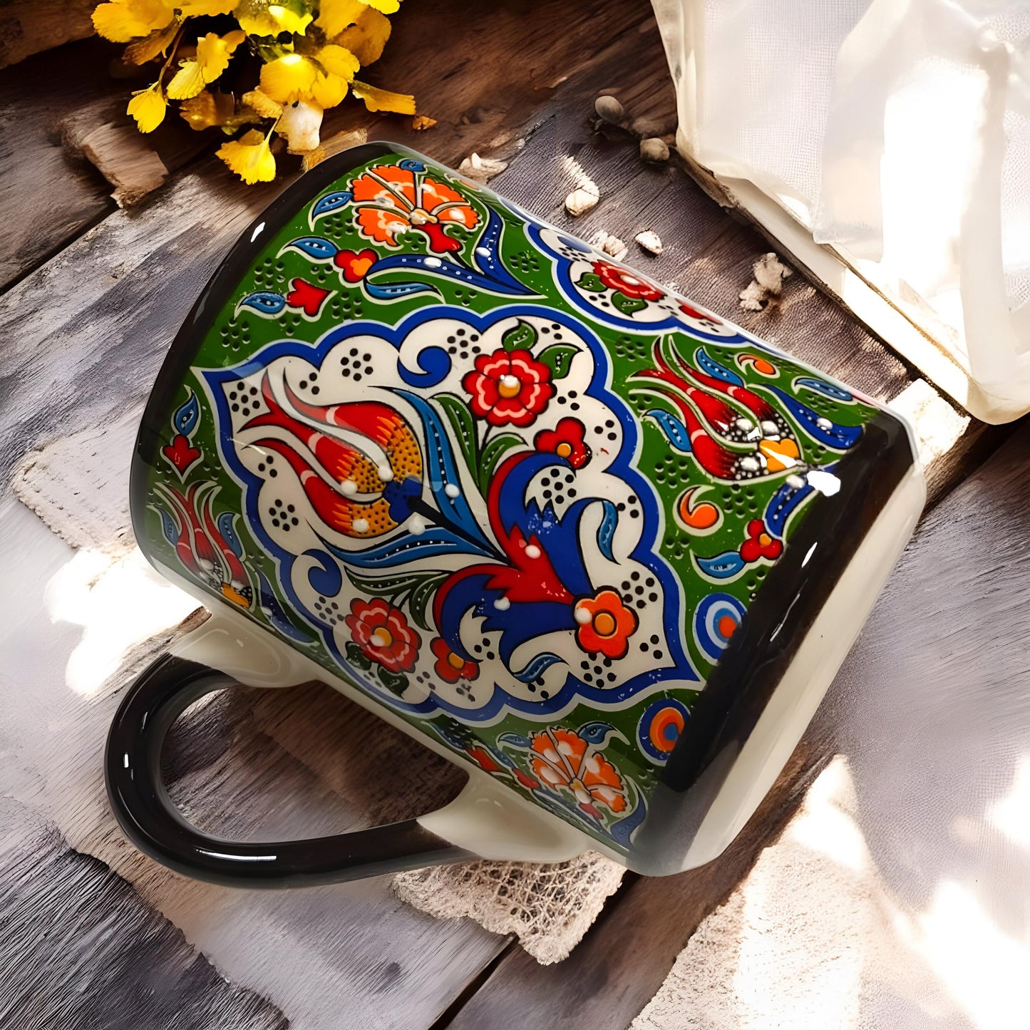 Hand-Painted Turkish Ceramic Mug Set: Anatolian Floral Art, 11 oz