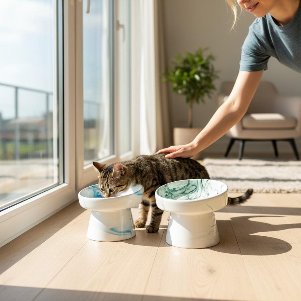Elevated Green Ceramic Cat Bowl – Handmade Raised Pet Feeder for Cats & Small Dogs