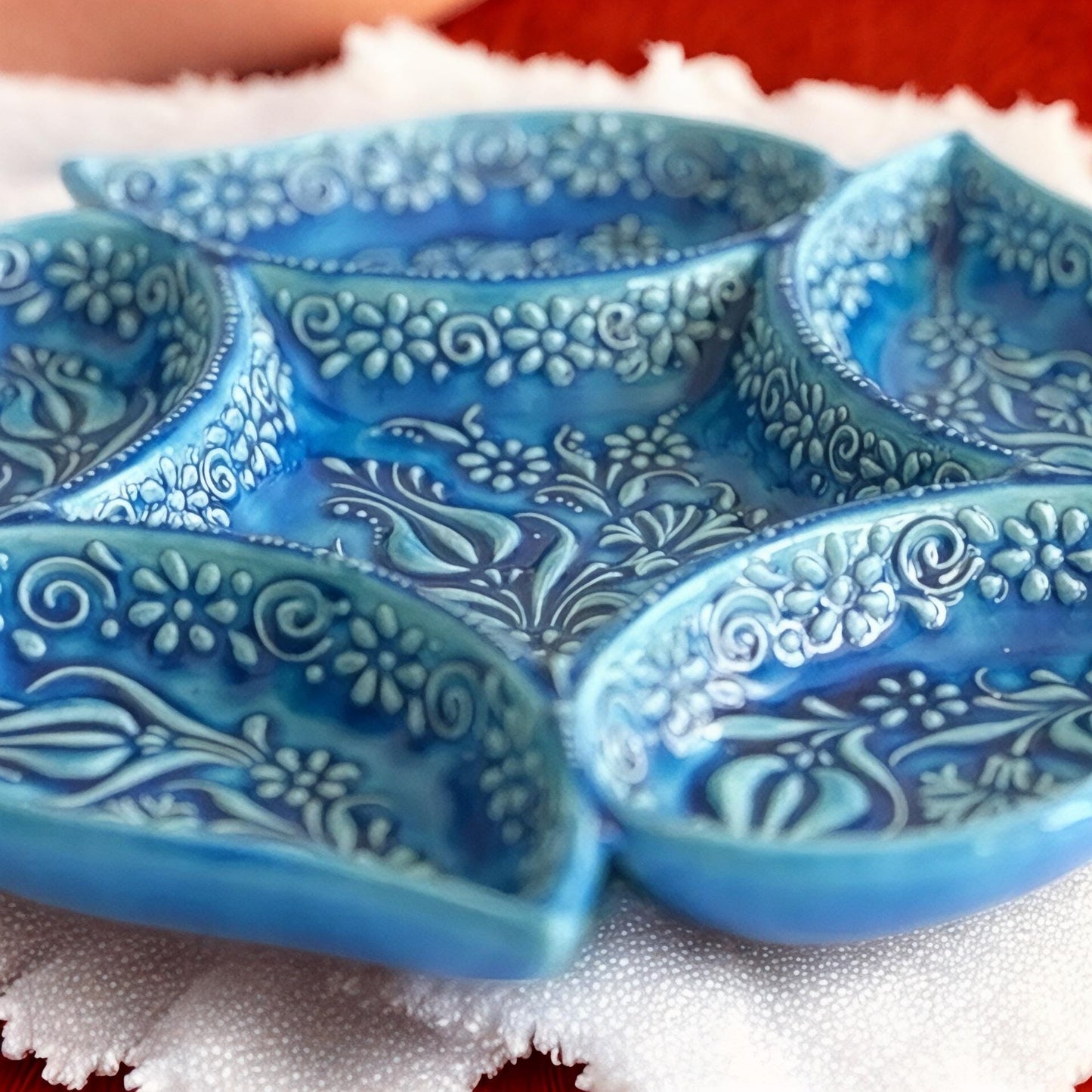 Multi Compartment Turkish Ceramic Bowl, Appetizer Tray, Tapas & Snack Dish, Decorative Nuts Plate, Keys or Candy Holder