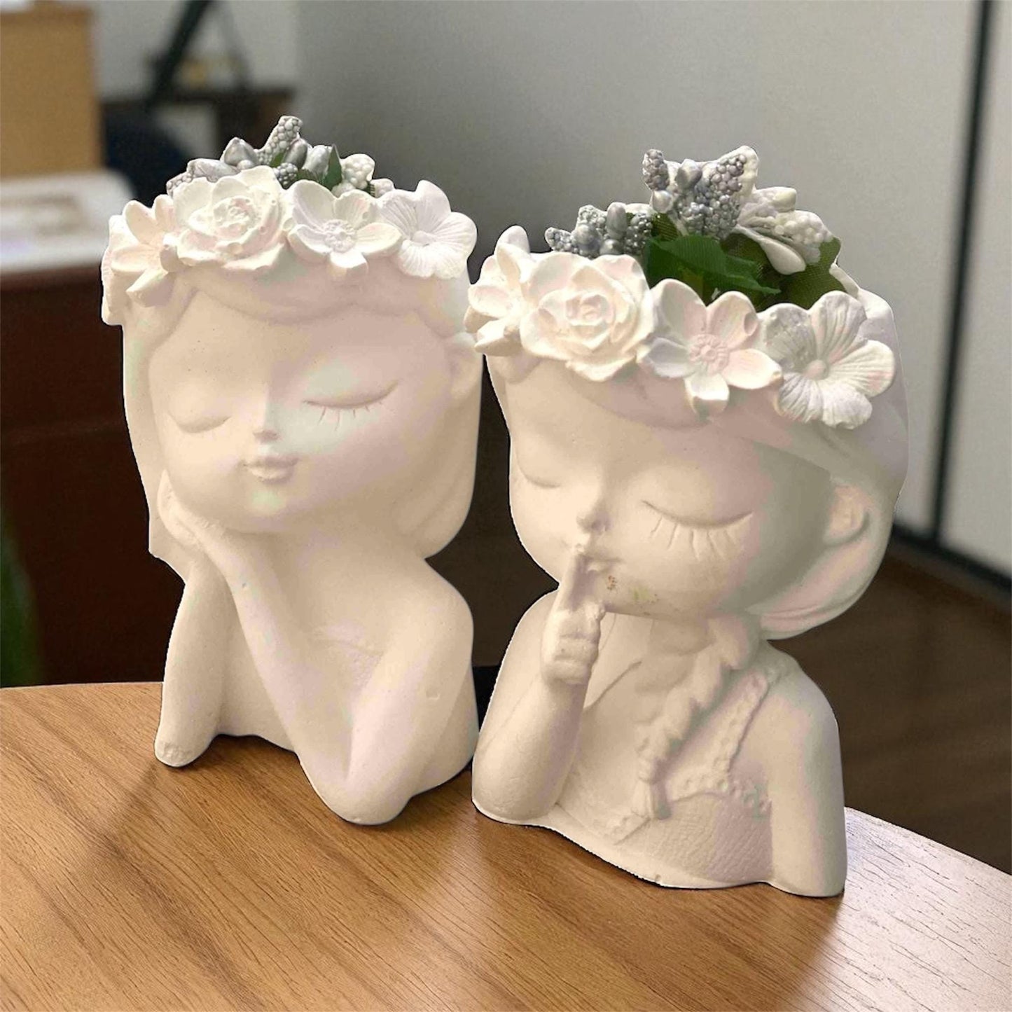 Minimalist Flower Crown Girl Figurine Set – 11 cm Decorative Sculpture Duo, Romantic Resin Home Decor