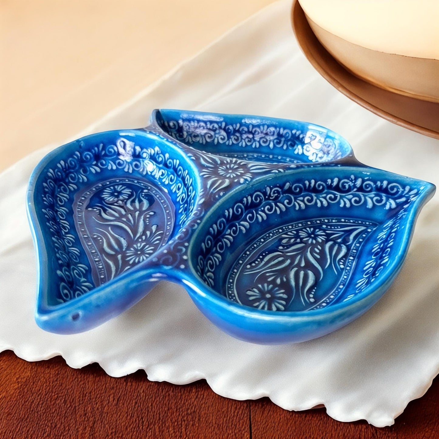 Multi Compartment Turkish Ceramic Bowl, Appetizer Tray, Tapas & Snack Dish, Decorative Nuts Plate, Keys or Candy Holder