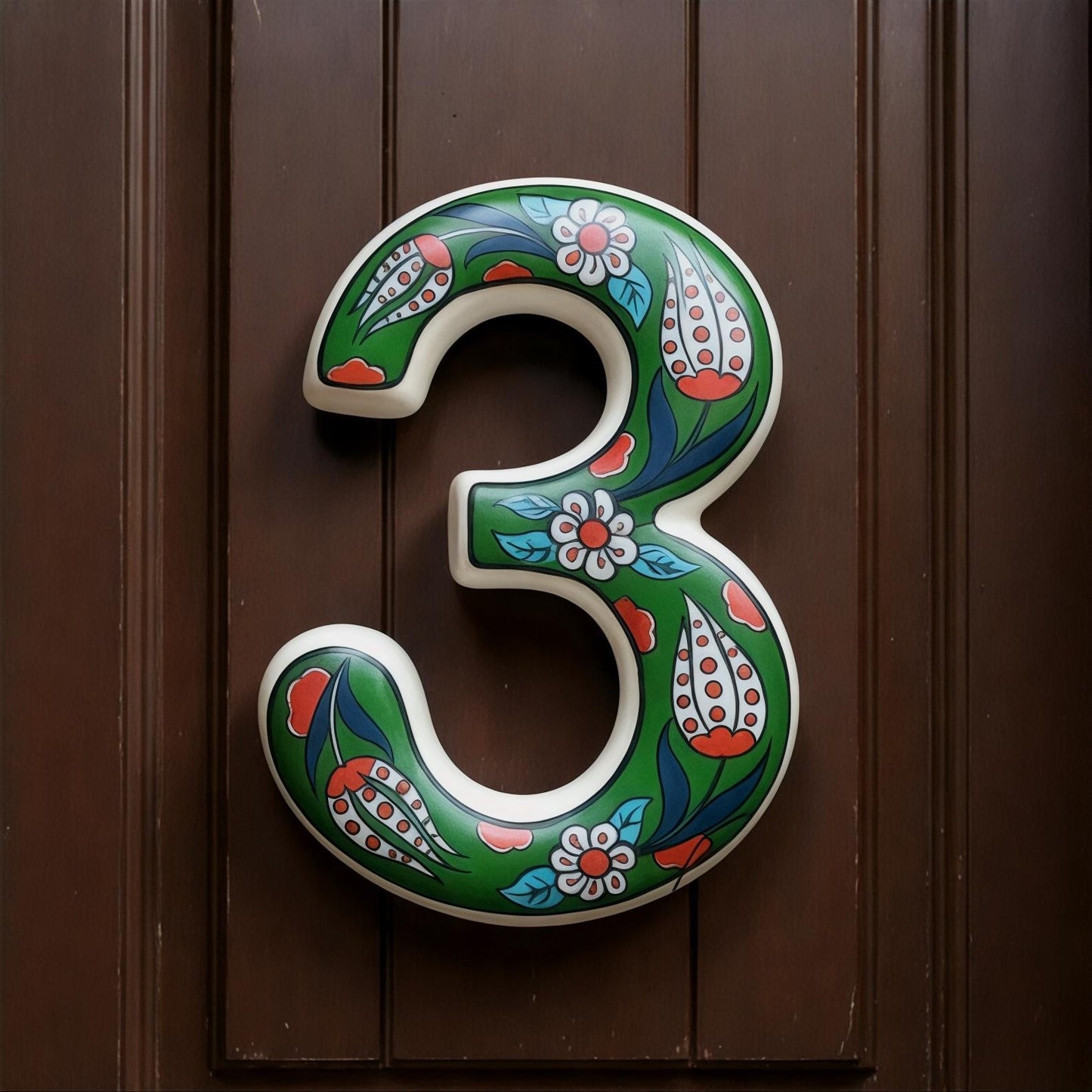 Hand-Painted Green Floral Ceramic House Number – Outdoor Address Door Sign