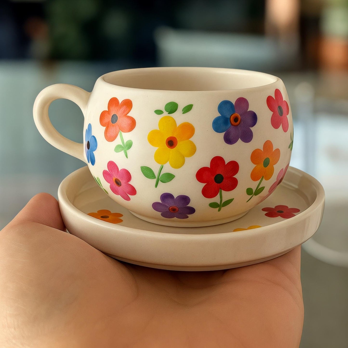 Handmade Ceramic Floral Cup and Saucer Set: Boho Tea & Coffee Mug