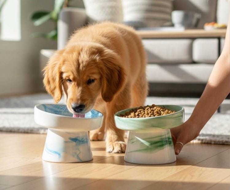 Elevated Green Ceramic Cat Bowl – Handmade Raised Pet Feeder for Cats & Small Dogs