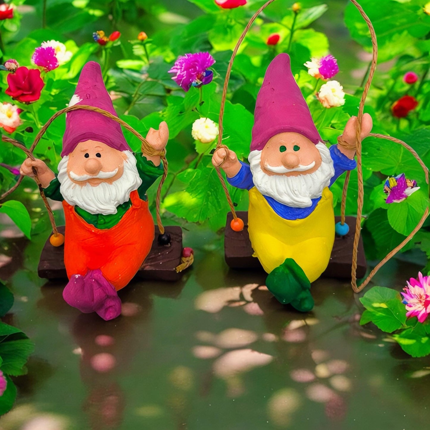 Handmade Garden Gnome Swing Figurines: Whimsical Outdoor Decor
