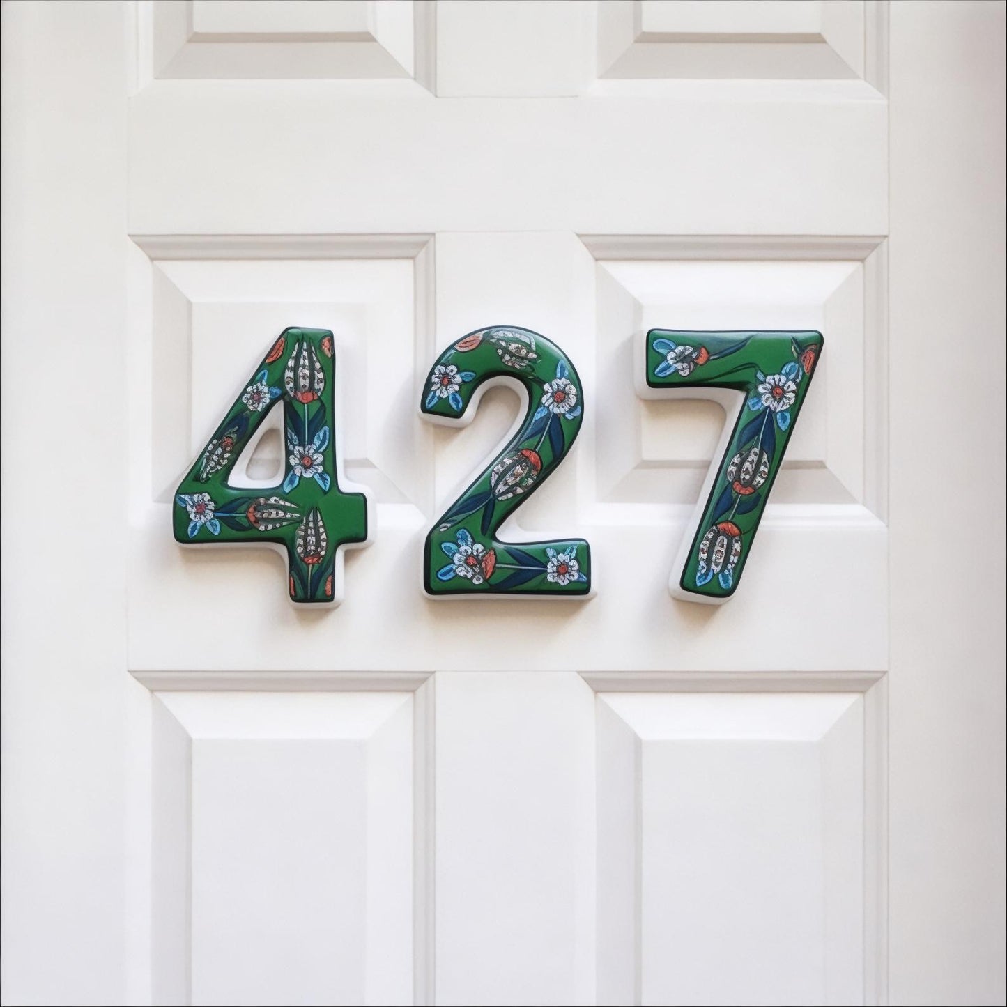 Hand-Painted Green Floral Ceramic House Number – Outdoor Address Door Sign
