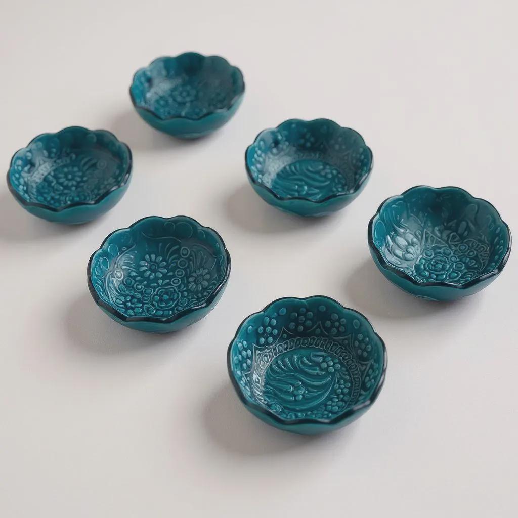 Handmade Turkish Ceramic Serving Set – 6-Section Divided Tray + 6 Mini Bowls – Turquoise Ottoman Floral Gift for Home & Kitchen