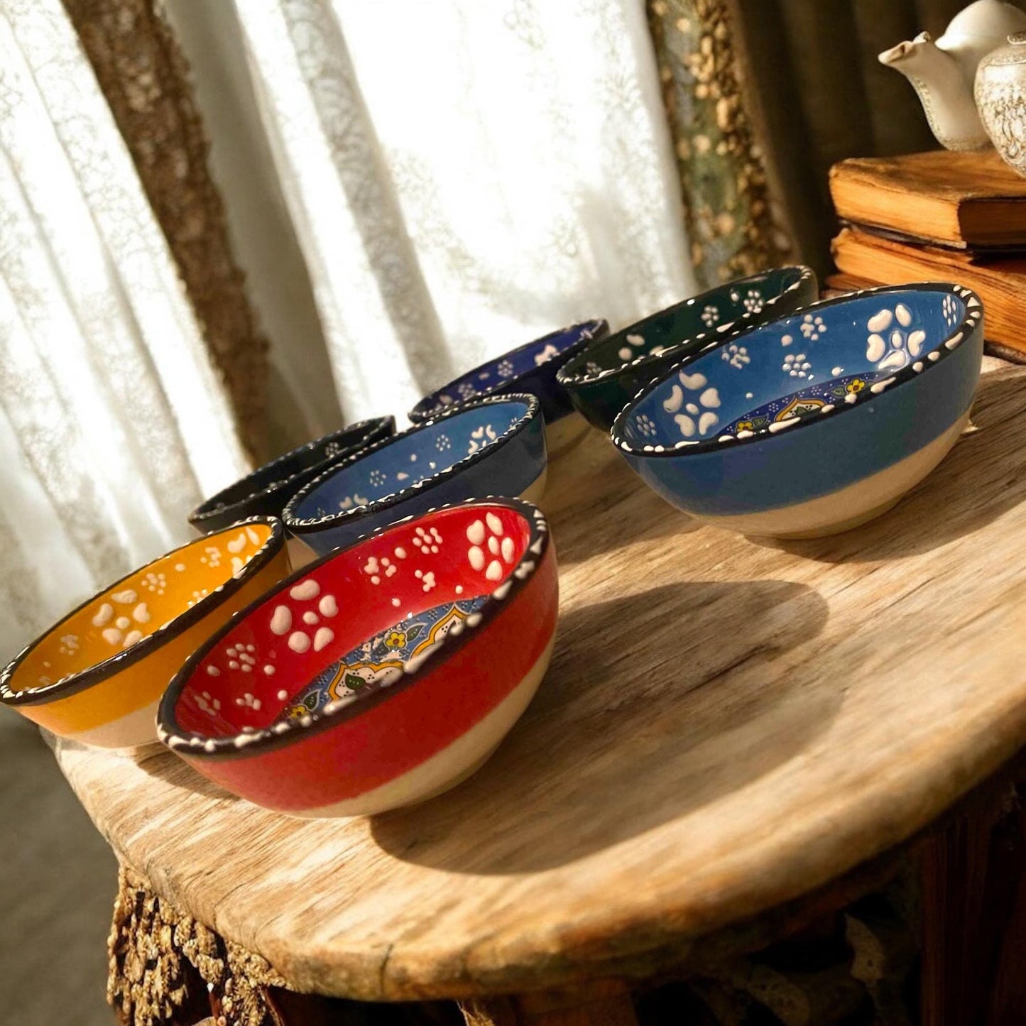 Ceramic Bowls Set - 6 Mini Mezze Dip Dishes, Decorative Appetizer Servingware, Tapas Bowls