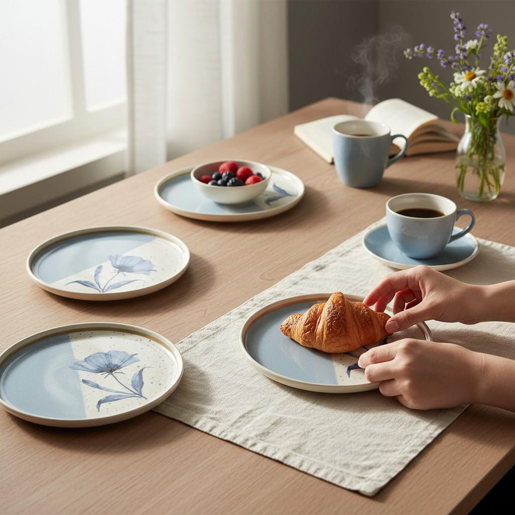 Handmade Ceramic Dessert Plates – 6 Piece Blue & White Floral Set – 8 Inch Appetizer or Salad Plates – Modern Artisan Tableware