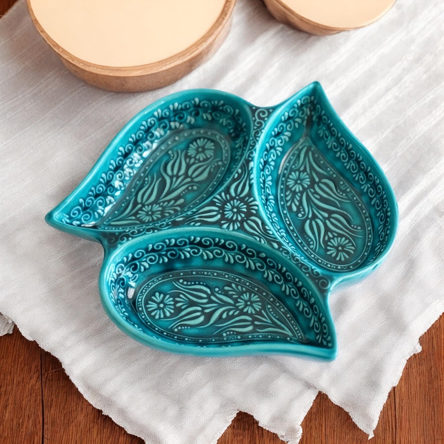 Multi Compartment Turkish Ceramic Bowl, Appetizer Tray, Tapas & Snack Dish, Decorative Nuts Plate, Keys or Candy Holder