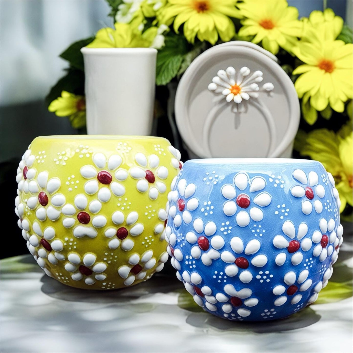 Hand-Painted Mini Succulent & Cactus Pot - Daisy Flower Design Planter